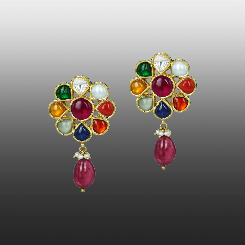 Navratan Floral Earrings with Ruby Drops
